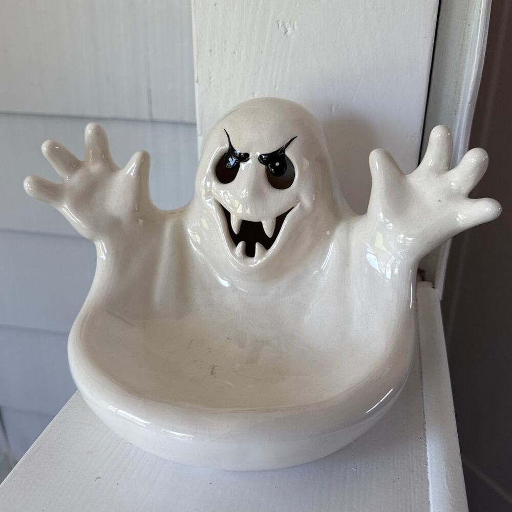 Scioto Ceramic Scary GHOST Halloween Candy Bowl Dish 7 x 12.5” Vintage 1990